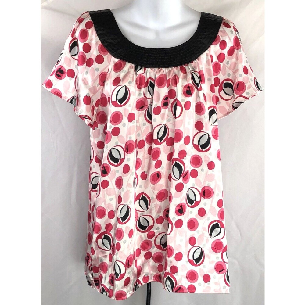 Vintage Satin BabyDoll Top L Pink Mod Geo ScoopNeck ShortSleeve Groovy Y2K Funky